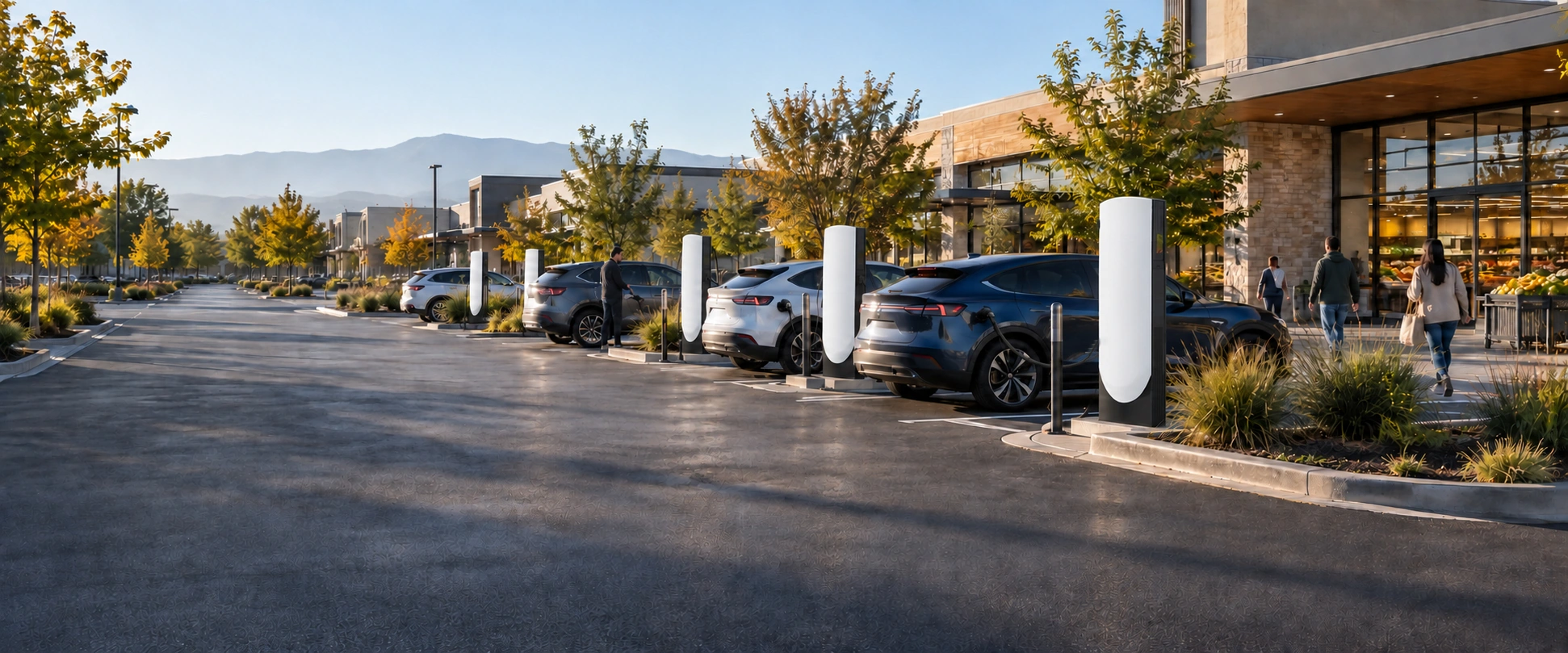 Tesla V4 charging stalls beside a grocery store, with drivers walking toward the entrance