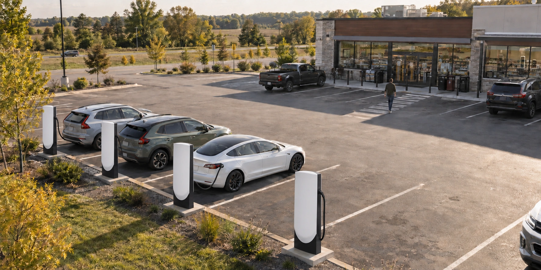 Four Tesla V4 charging stalls beside a convenience store, with a customer walking toward the entrance